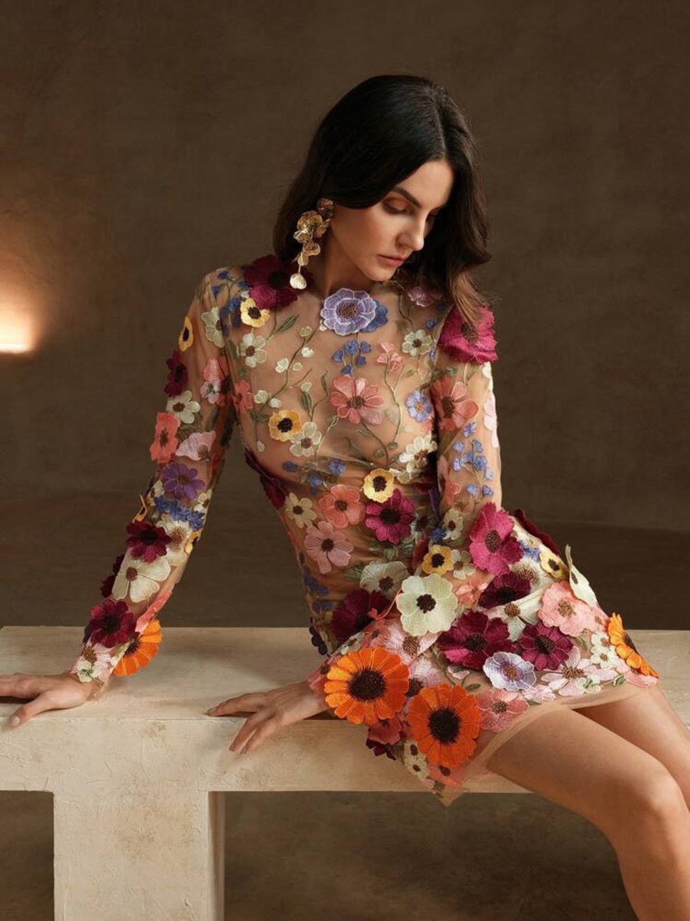 Backless Mini Sheer Mesh Dress With 3D Flower Embellishments